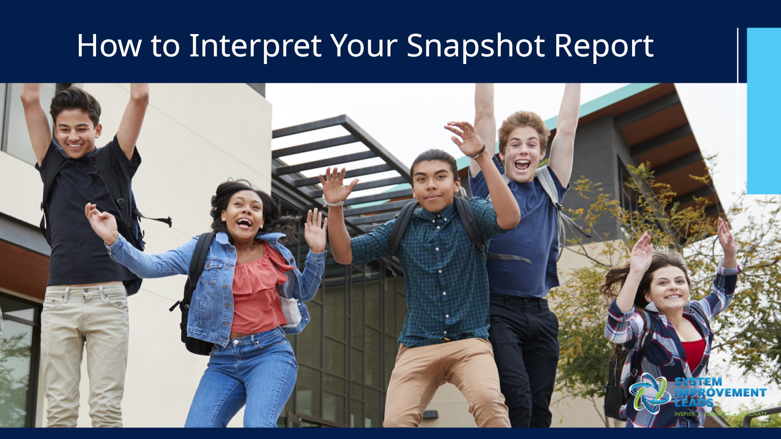 Five students jumping joyfully in front of a building. Text above reads, "How to Interpret Snapshot Reports"