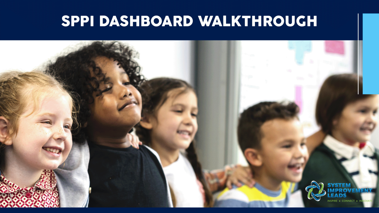 Five children smiling in a classroom setting with the text SPPI Dashboard Walkthrough at the top and System Improvement Leads logo in the bottom right corner
